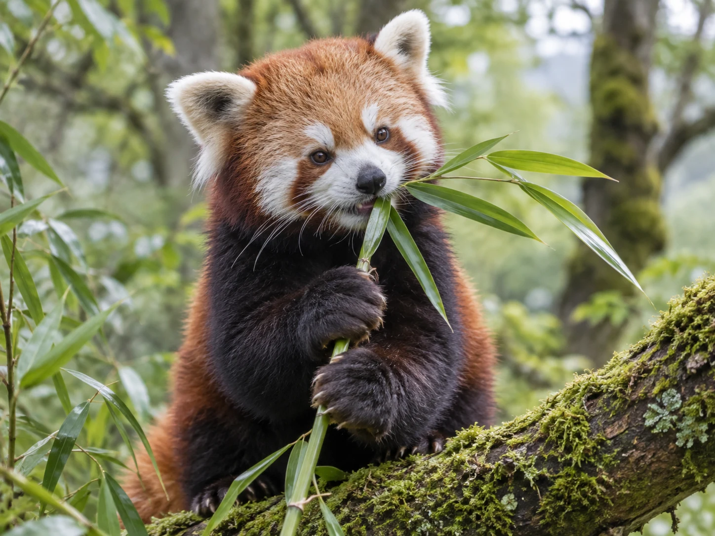 A red panda sitting on a mossy branch and holding bamboo between its front paws