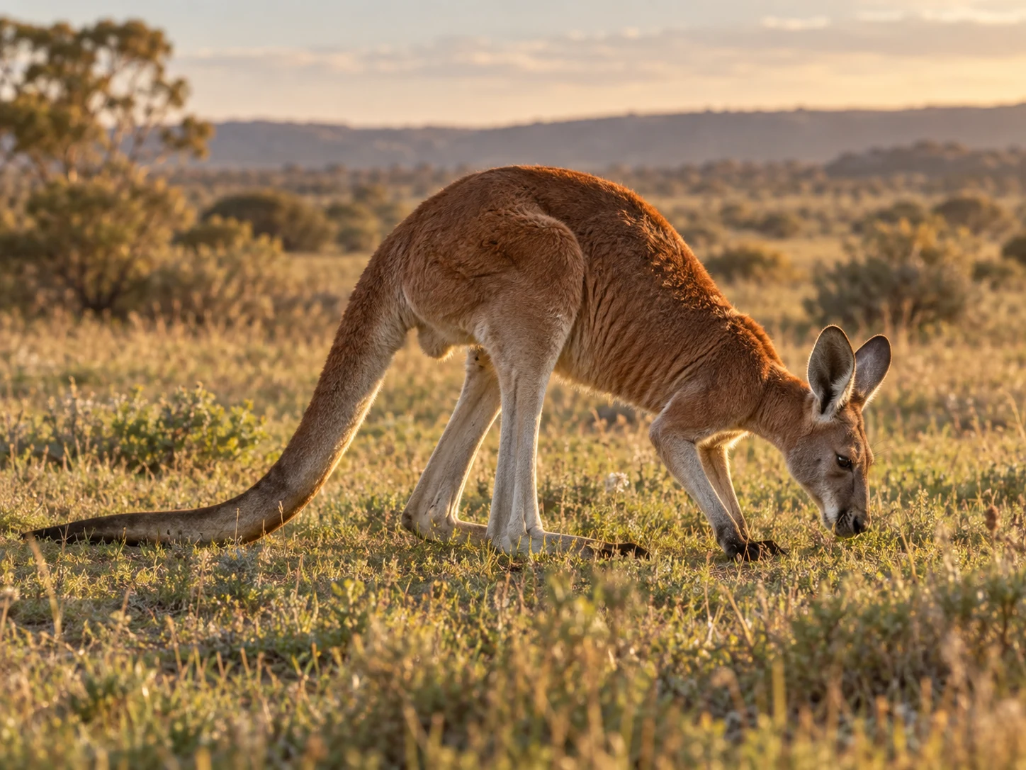 A red kangaroo grazing with its forepaws and long tail touching the ground