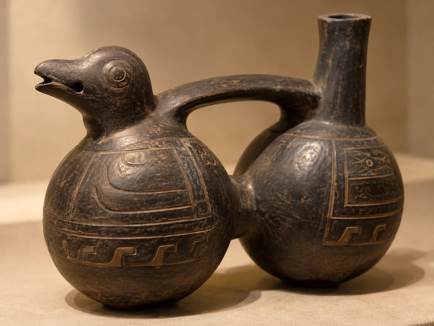 A dark double-chambered ceramic jar with a small bird-shaped whistle