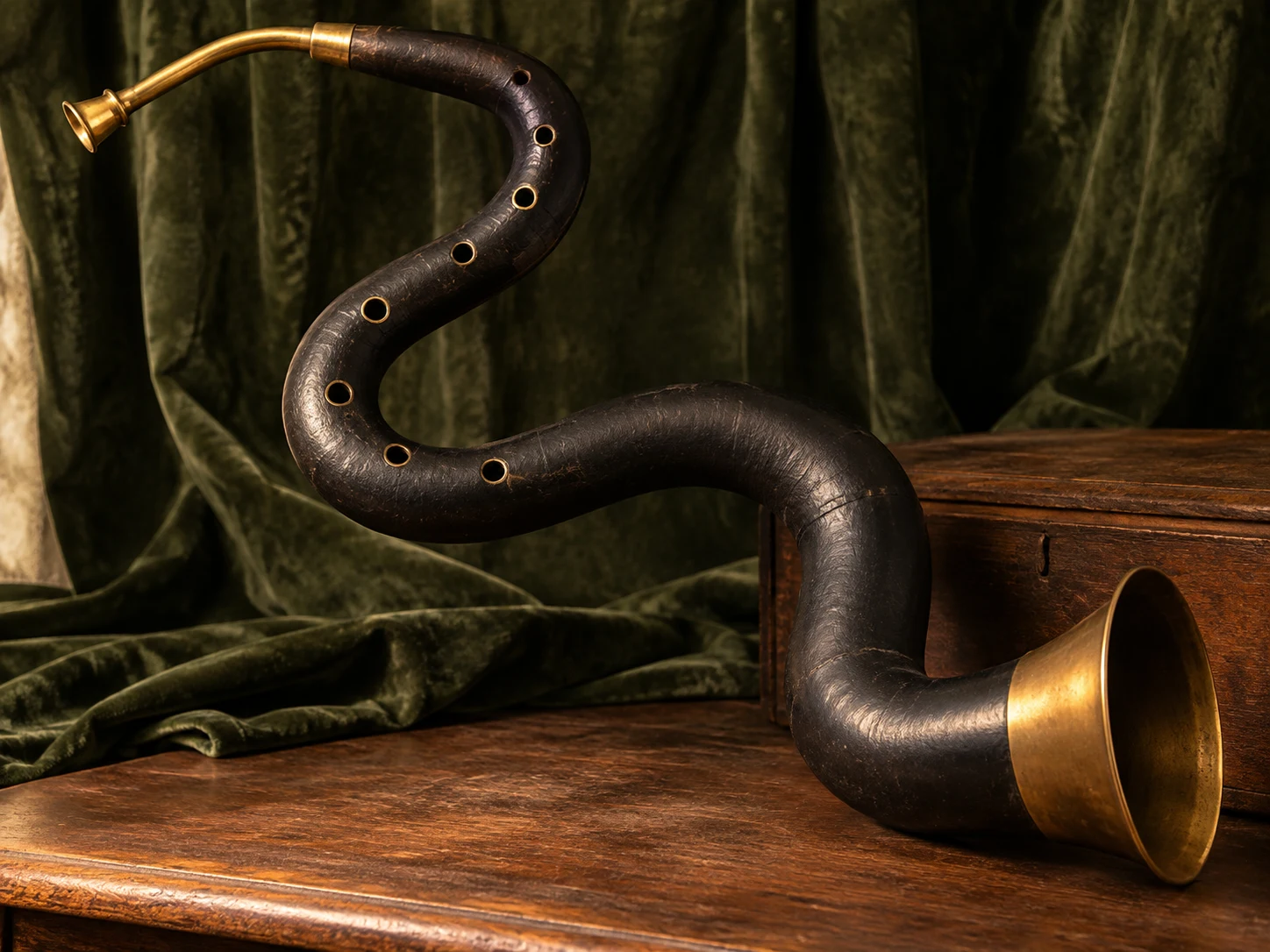 A black S-shaped serpent horn with brass fittings on dark green velvet