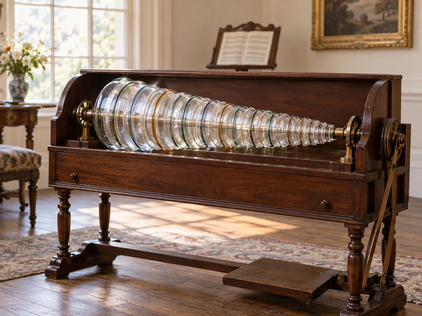 Nested glass bowls mounted on a spindle inside a dark wooden armonica