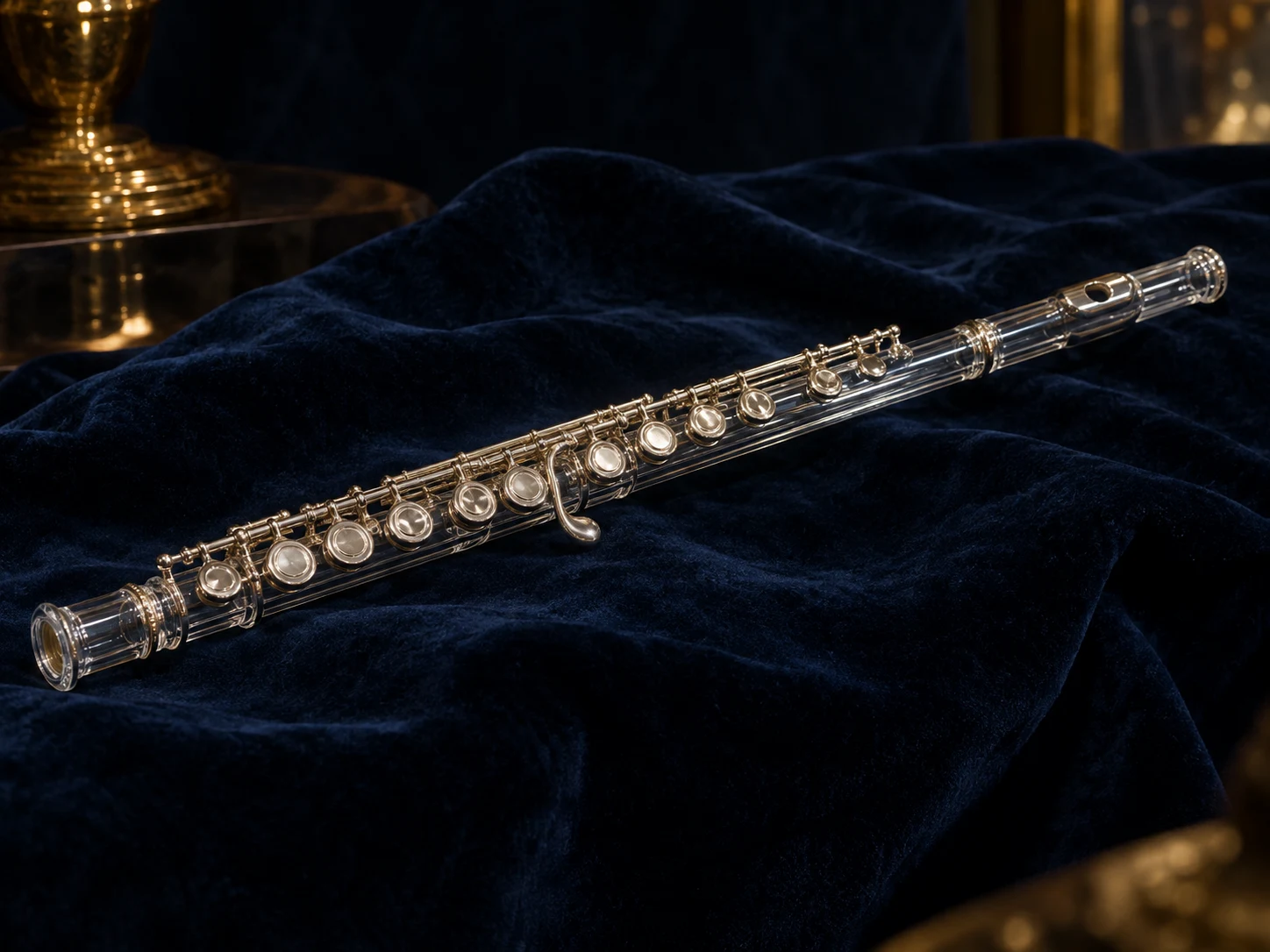 A transparent glass flute with silver-colored keys resting on dark blue velvet
