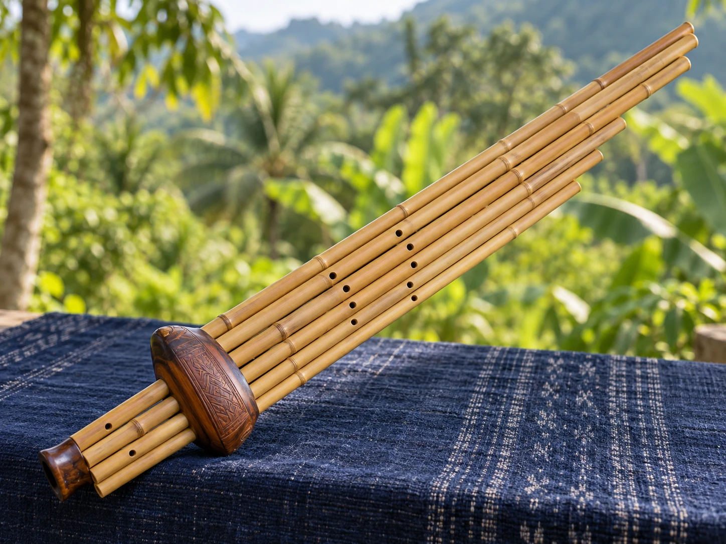 A bamboo khaen mouth organ resting diagonally on dark indigo cloth