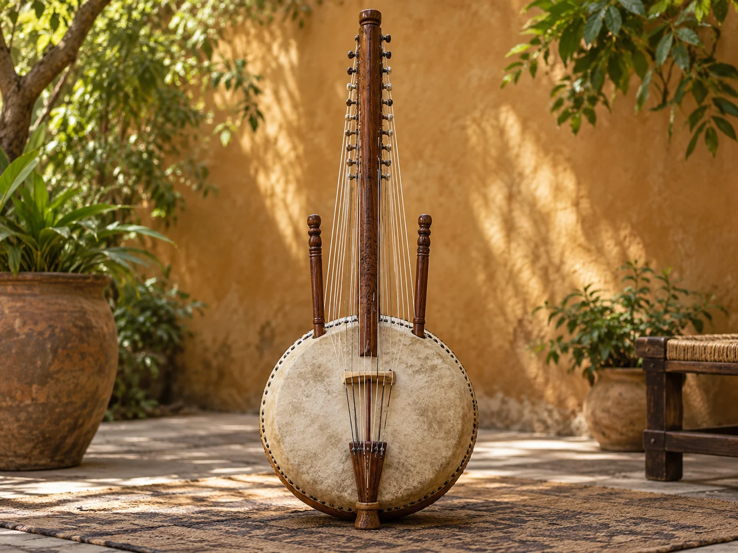 A twenty-one-string kora with a round hide-covered gourd body in a sunny courtyard