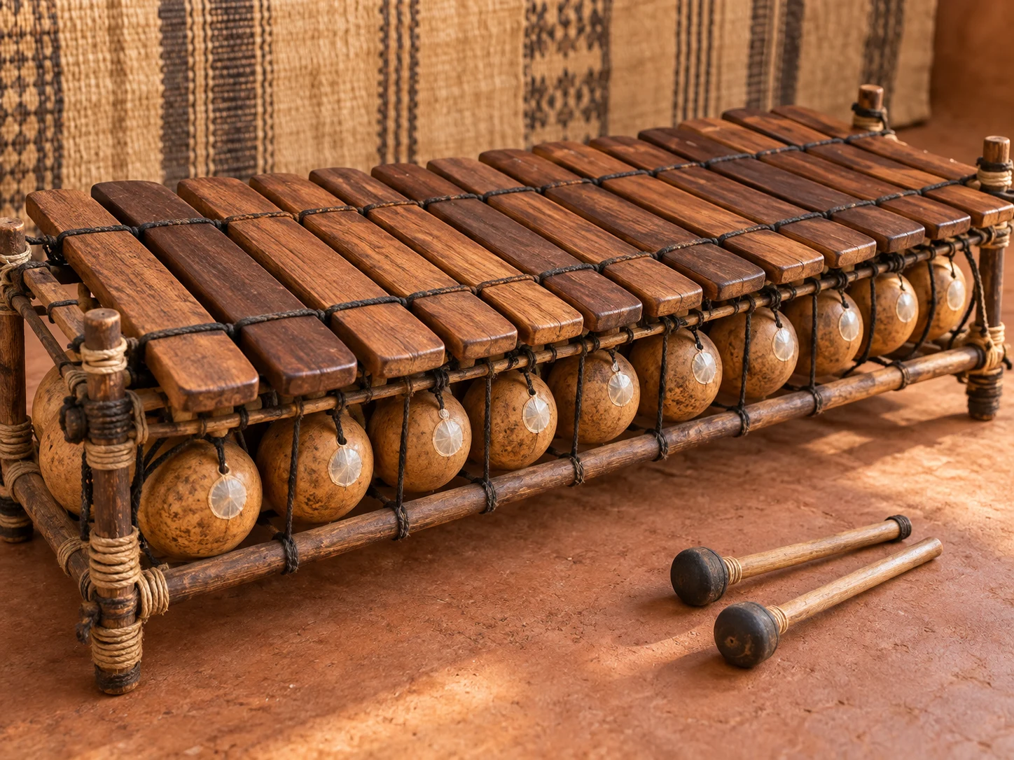 A wooden bala with gourd resonators and small pale membranes below its keys