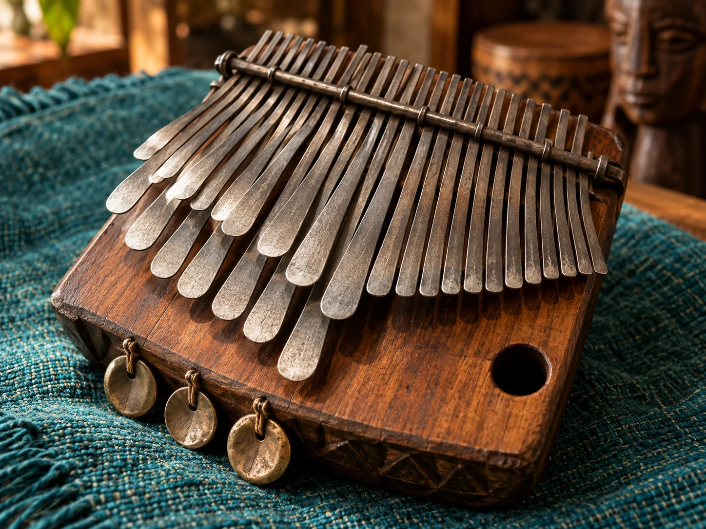 A wooden mbira with many curved metal tongues and three small jingling disks