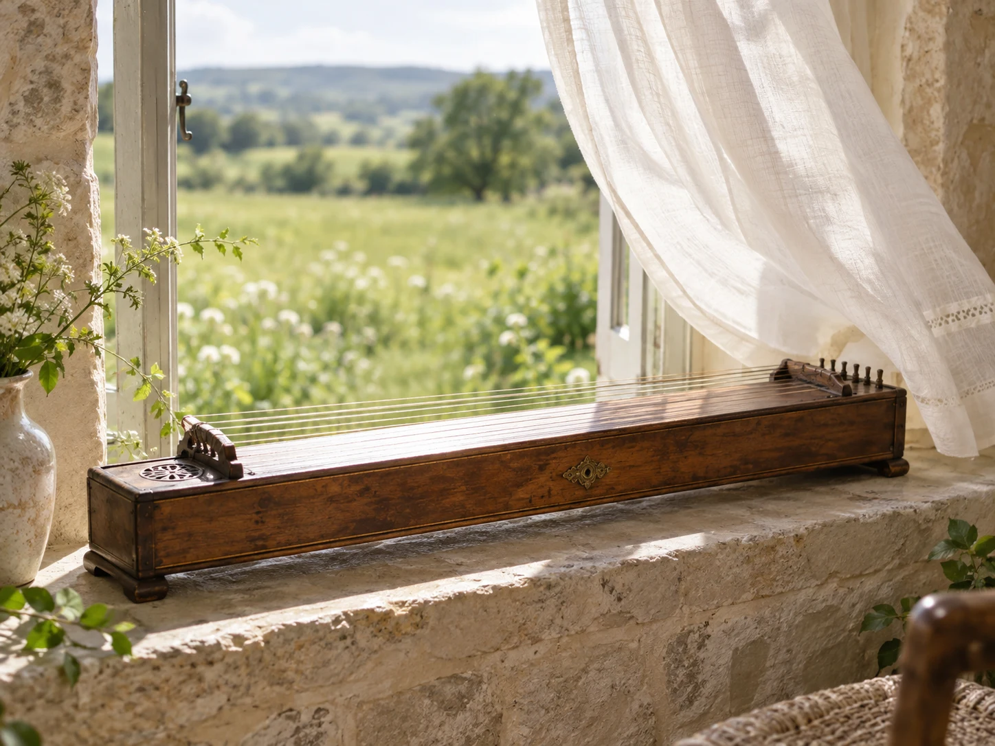 A long wooden Aeolian harp resting in an open sunny window