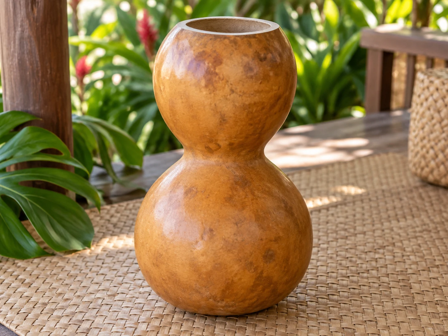 A golden-brown figure-eight-shaped ipu hula drum on a woven mat
