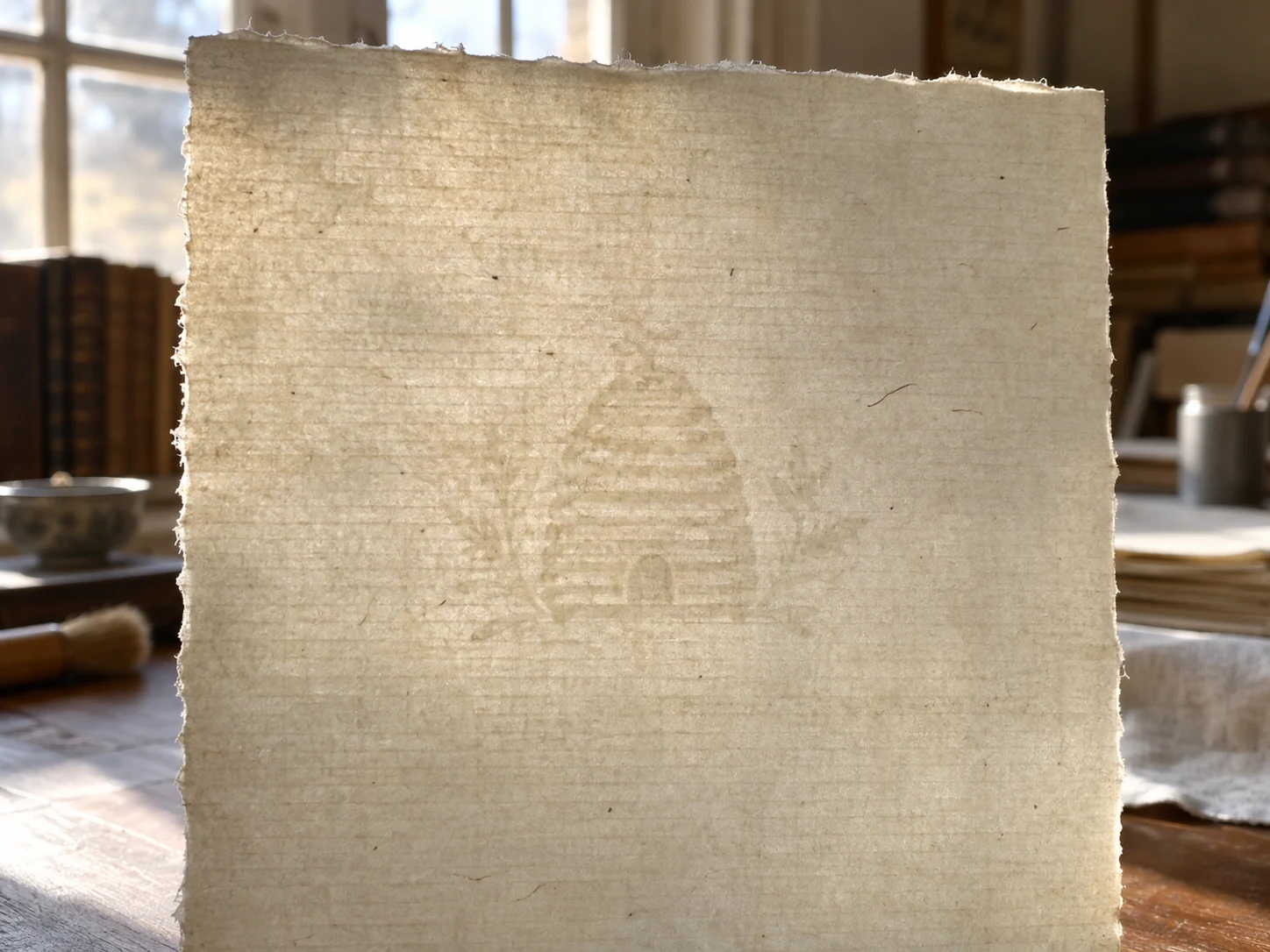A handmade paper sheet glowing in window light with a pale beehive watermark in its fibers