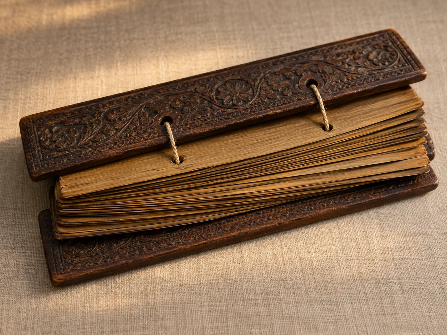 A stack of narrow palm-leaf pages threaded with two cords between carved wooden covers