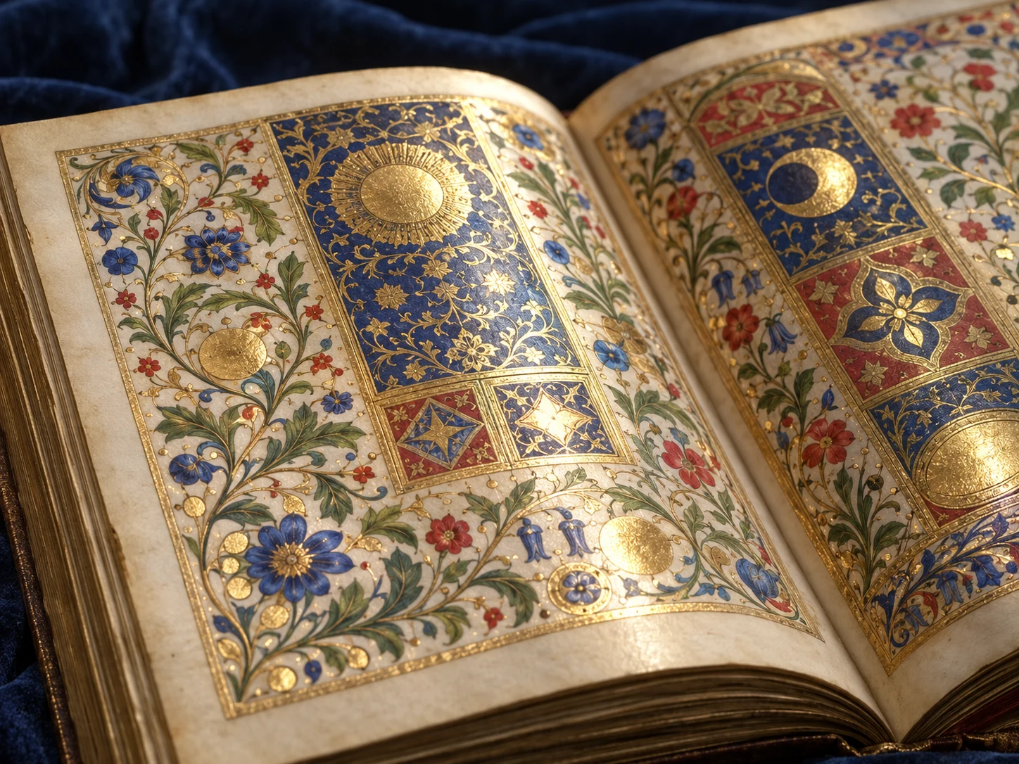 An open decorated manuscript with blue and red flowers and polished gold-leaf shapes