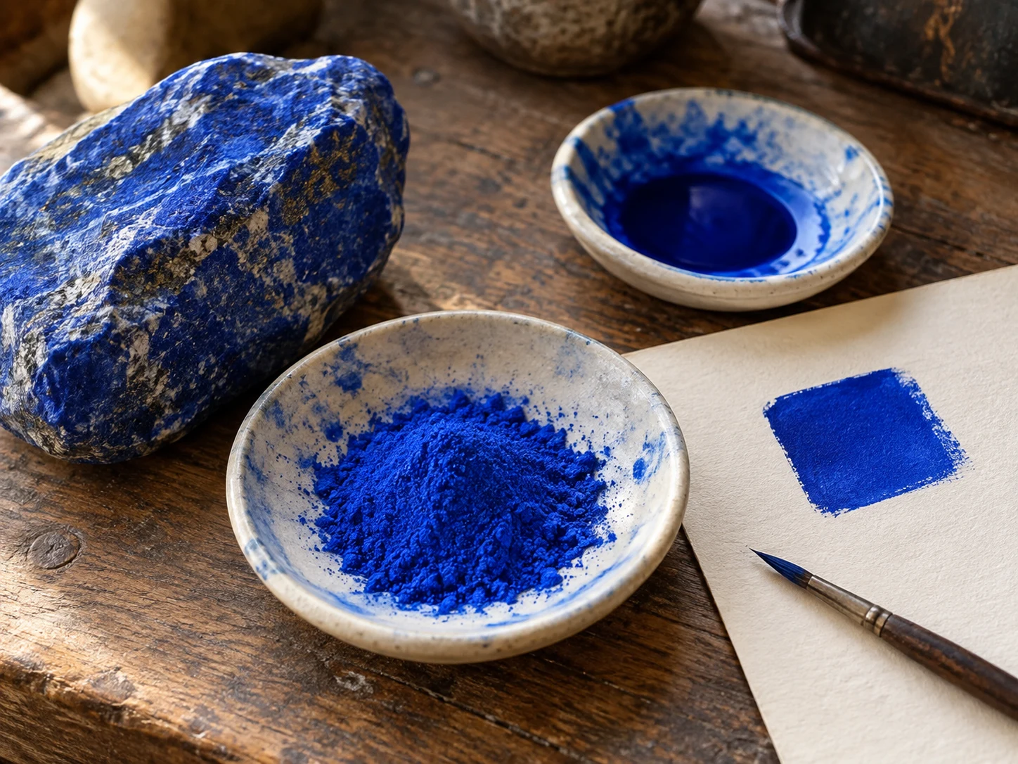 A blue lapis lazuli stone beside a bowl of ultramarine powder and a painted blue square
