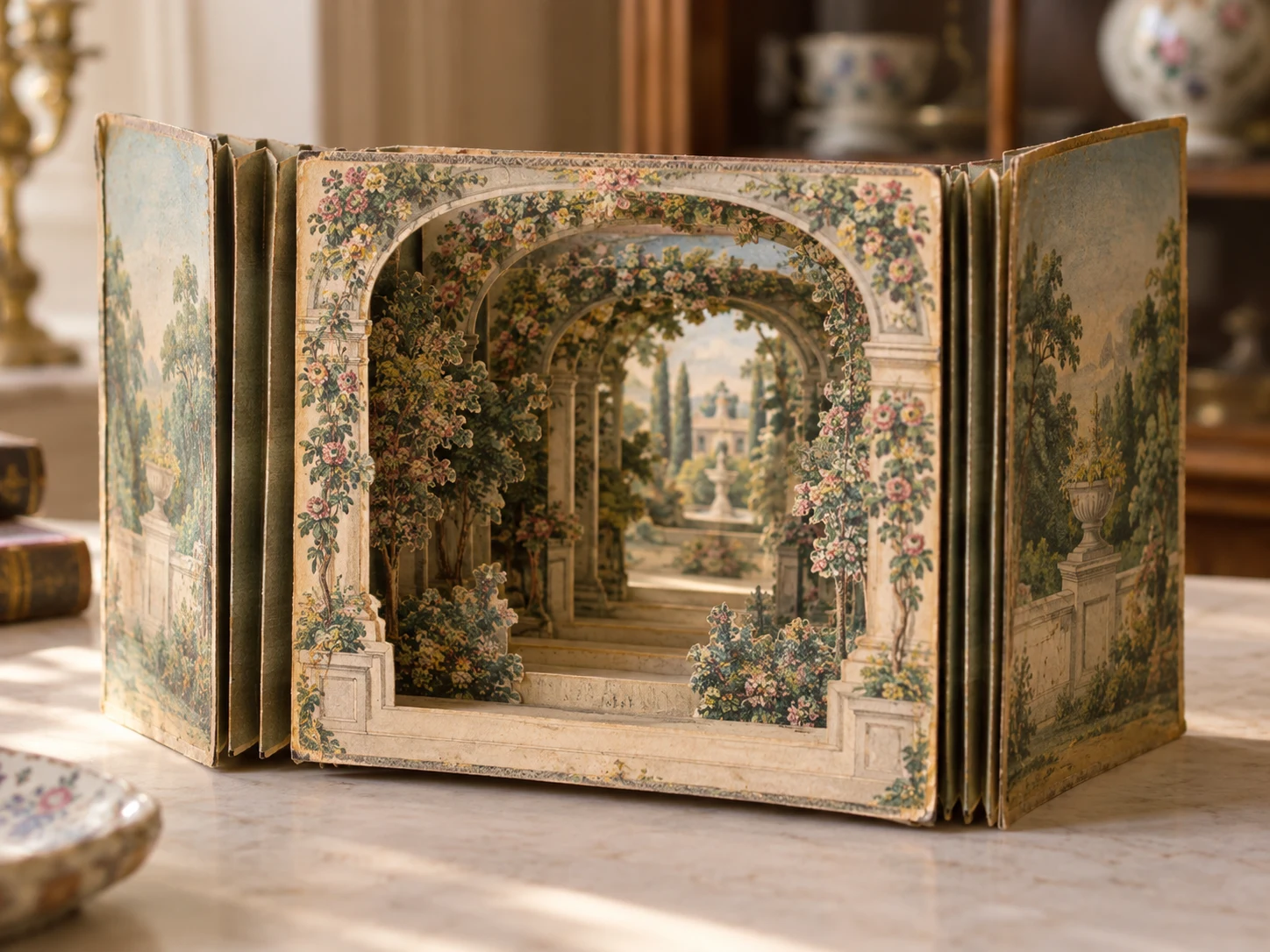 An open paper peepshow with layered flower-covered arches leading into a miniature garden