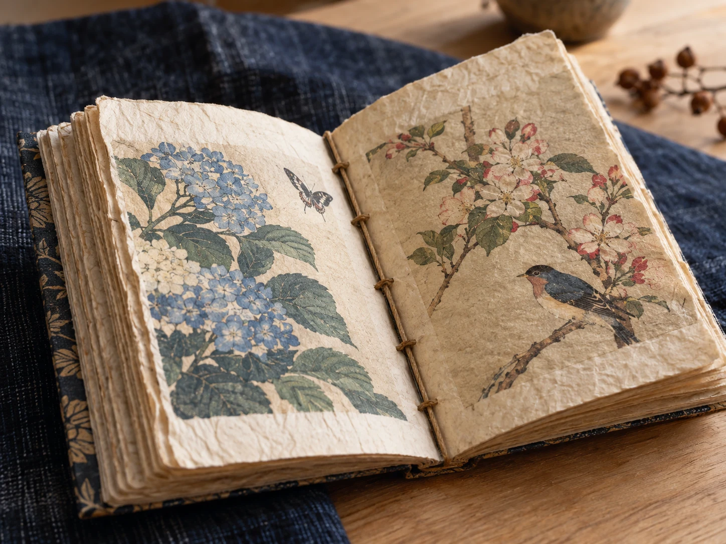 An open cord-bound book with visibly crinkled pages and botanical illustrations