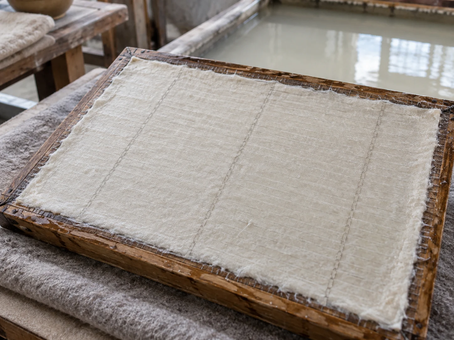 A damp cream paper sheet on a wooden mould with faint fine and wide wire lines