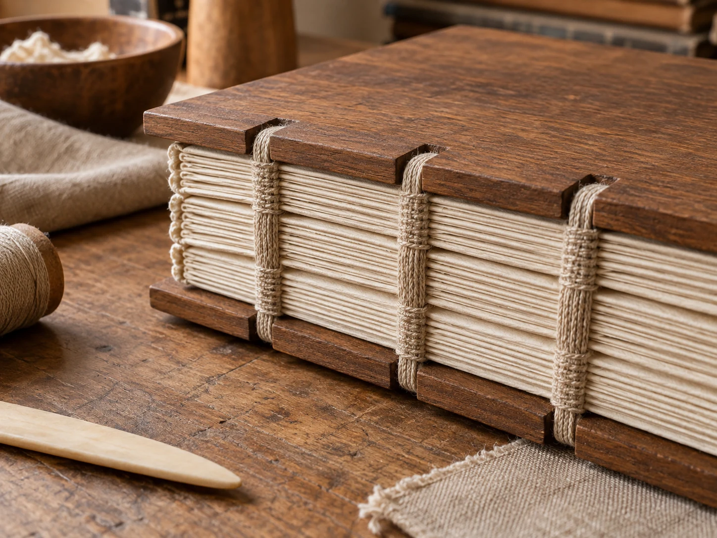 Folded page gatherings sewn onto three cords between smooth wooden cover boards