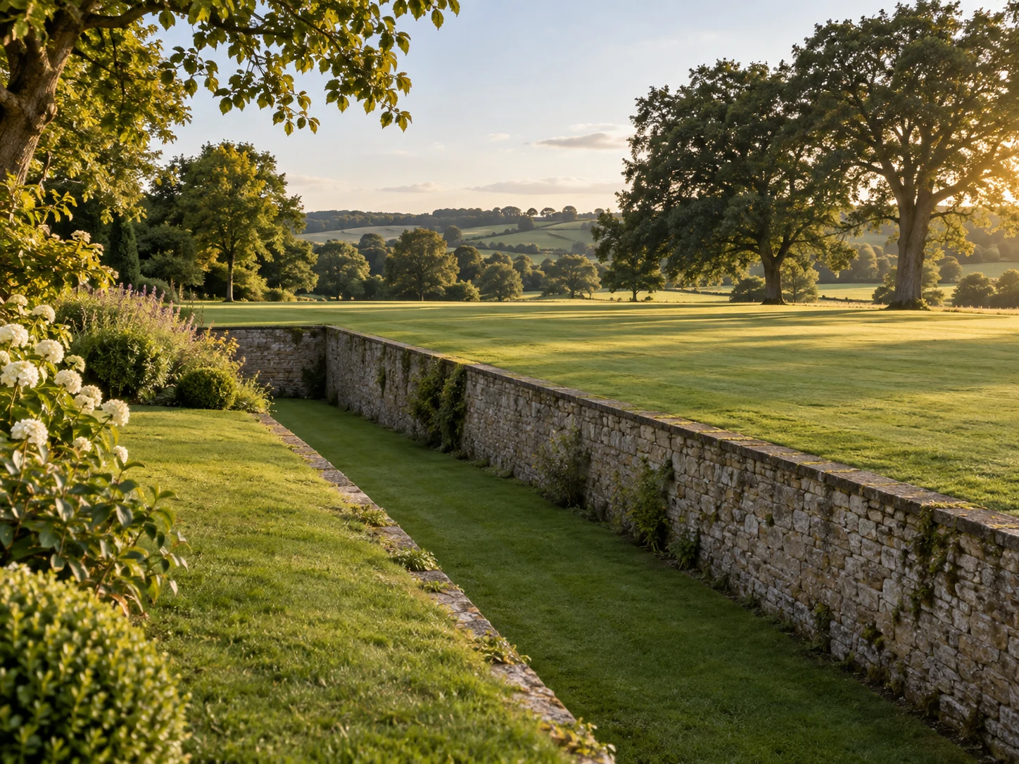 A sunken stone wall and dry ditch crossing a broad green landscape garden