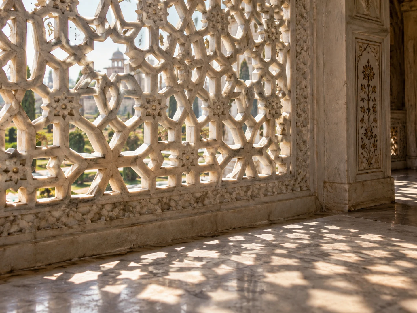 A carved white marble screen casting star-shaped shadows across a stone floor