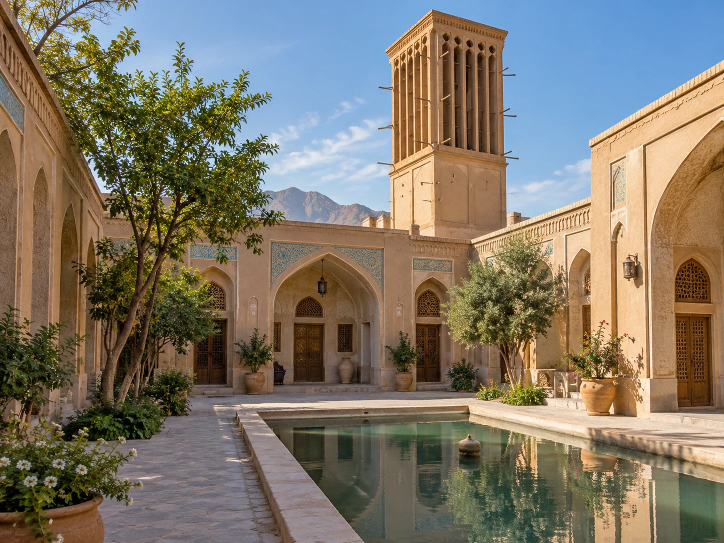 A tall traditional windcatcher above a pale courtyard with a reflecting pool