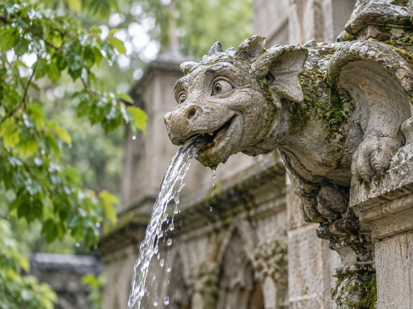 A friendly carved stone gargoyle pouring rainwater from its mouth