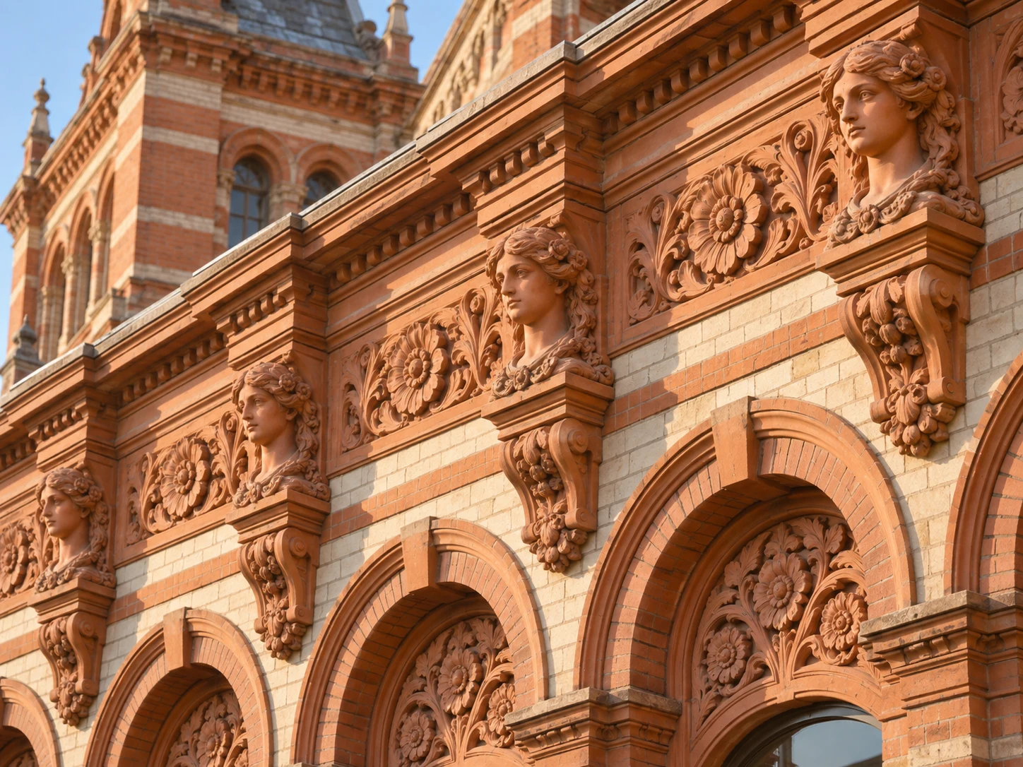 Repeated terracotta faces and flowers decorating a Victorian brick facade