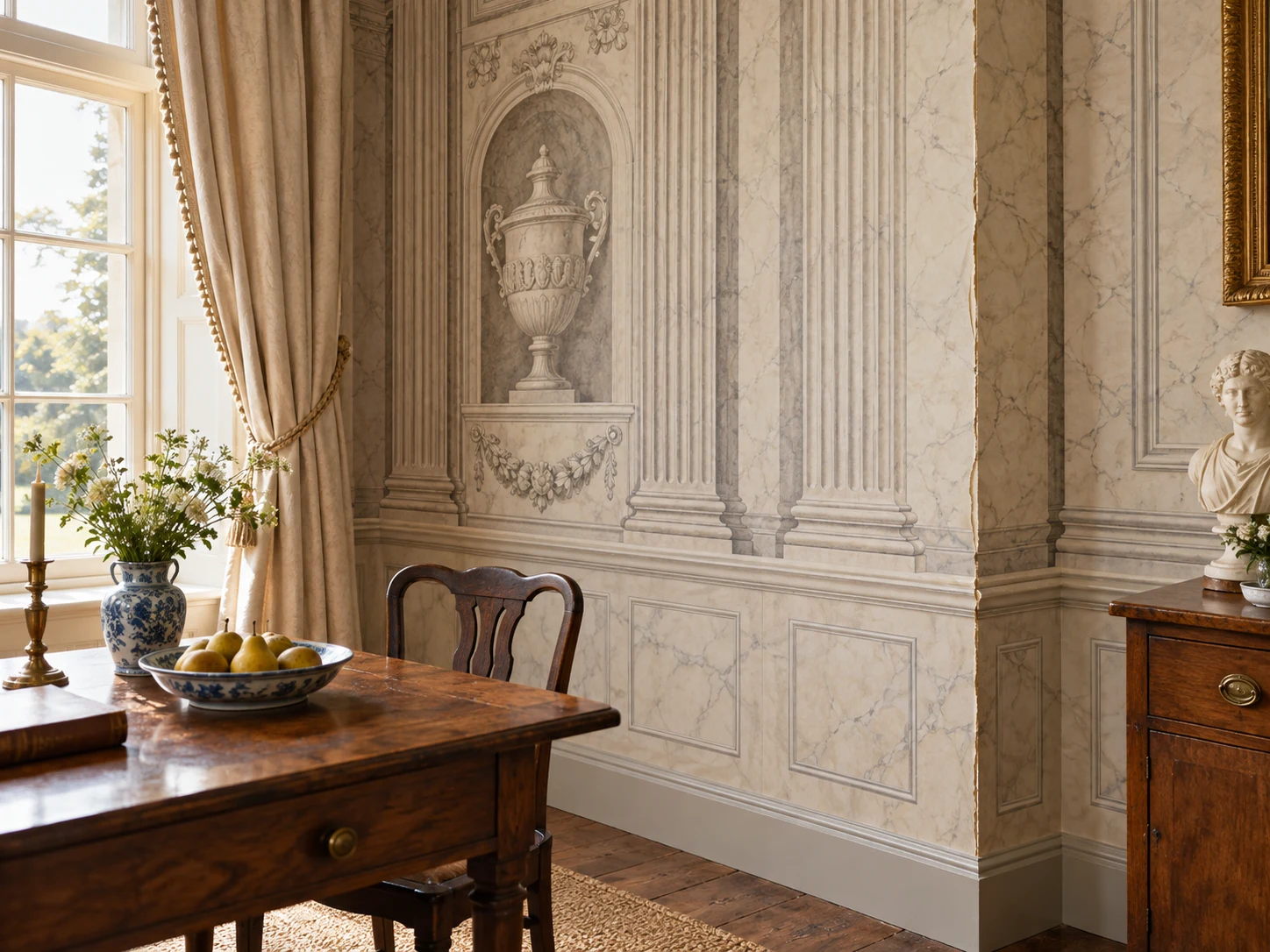 A warm historic room with wallpaper printed to resemble marble columns and plaster ornament
