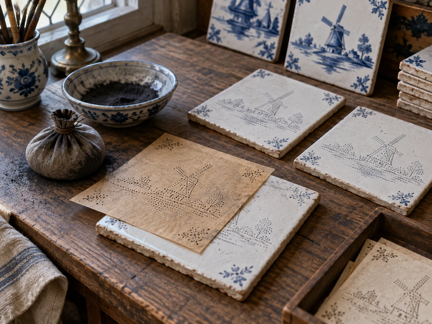 A pricked paper pattern, charcoal bag and blue dotted outlines on white glazed tiles