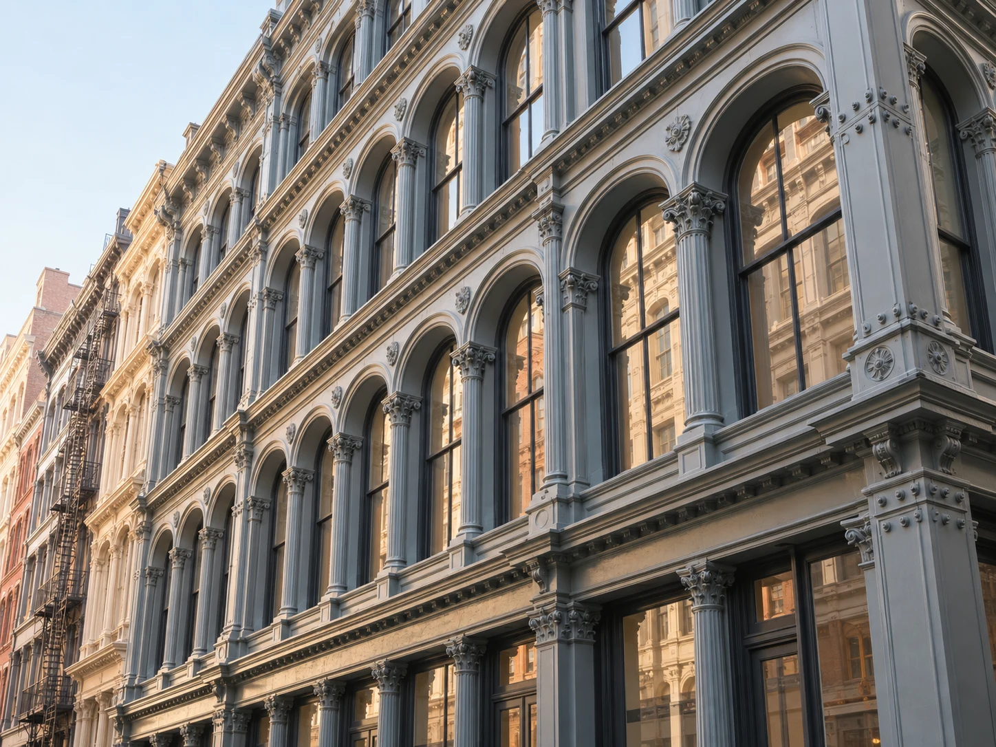 An ornate gray cast-iron facade with repeated columns, arches and visible bolts