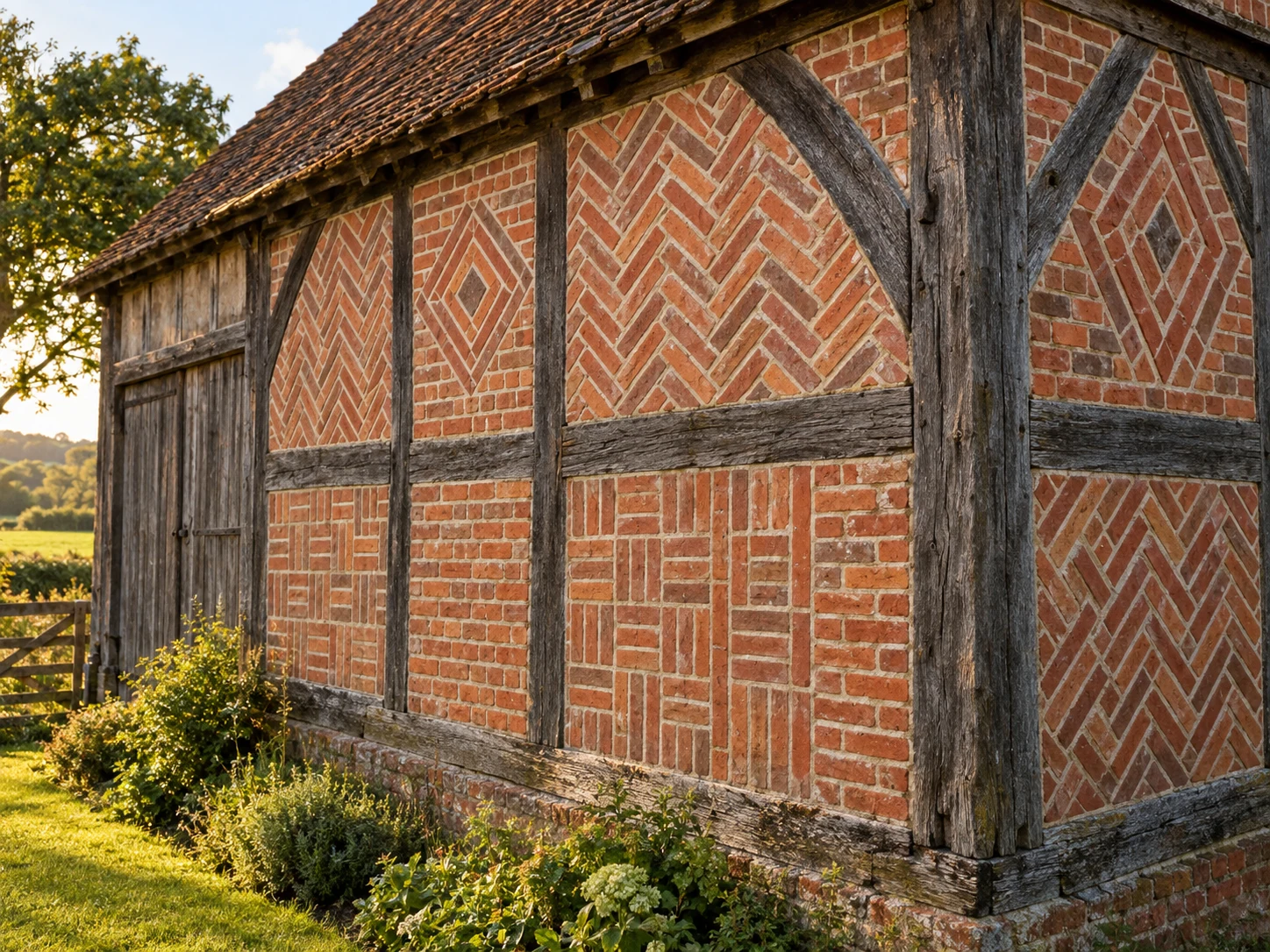 An old timber-framed barn filled with red brick panels in several geometric patterns