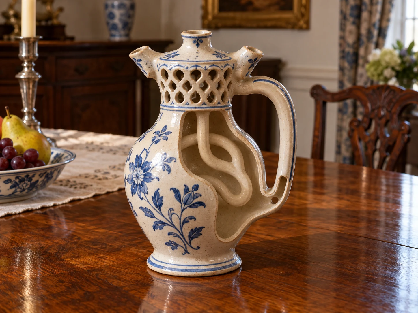 A cream and blue puzzle jug with a pierced neck, several spouts and a visible channel inside its handle