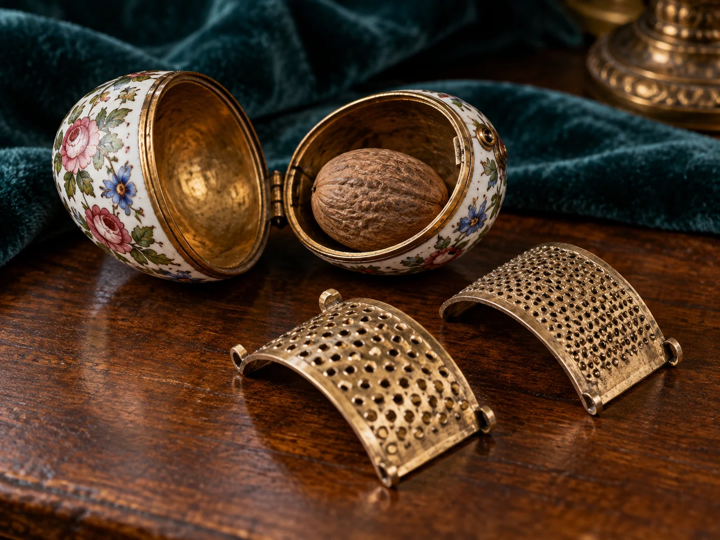 A floral enamel egg-shaped box opened beside a nutmeg seed and two curved metal graters