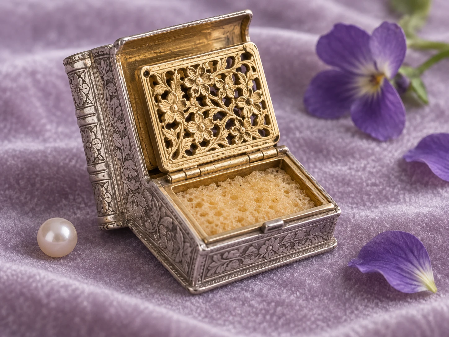 A miniature silver book-shaped box opened to show a pierced gold grille and a small sponge