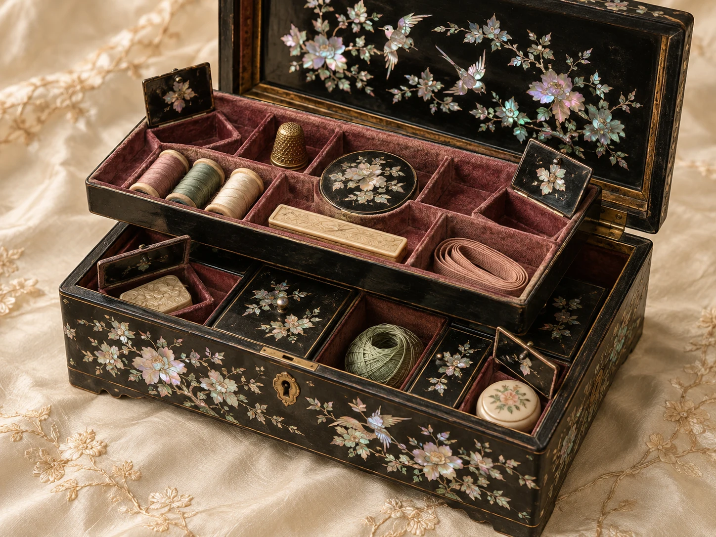 An ornate black lacquer sewing box with a lifted velvet tray and several small compartments