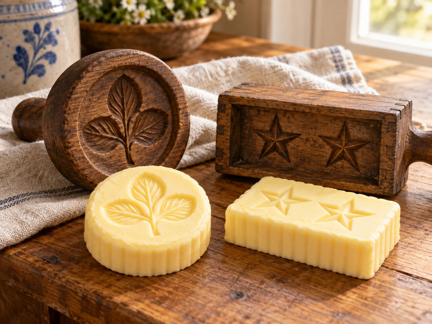 Two carved wooden butter molds beside butter pats impressed with a leaf and stars