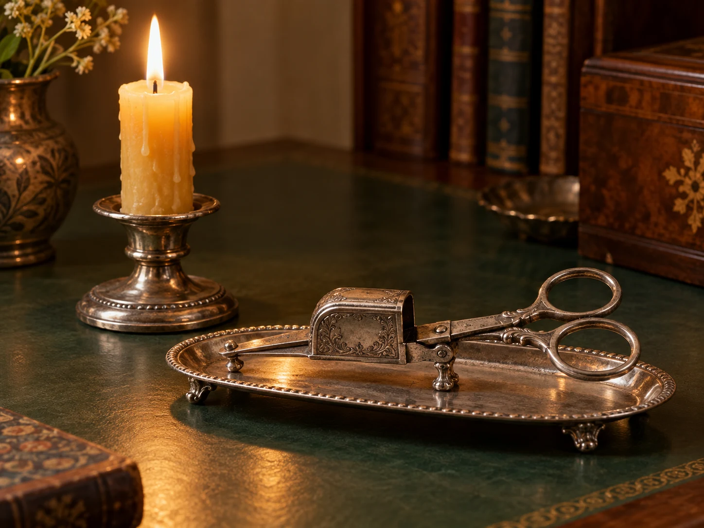 Old silver candle snuffers resting on a matching tray beside a small beeswax candle