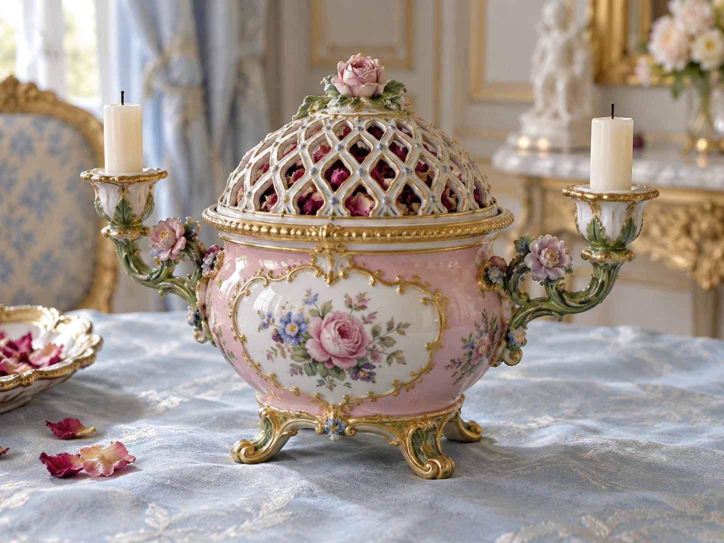 A pink porcelain potpourri vase with a pierced top, rose petals and two candle arms