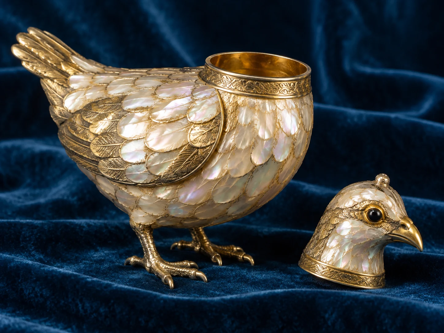 A mother-of-pearl partridge-shaped cup with its removable bird head placed beside it