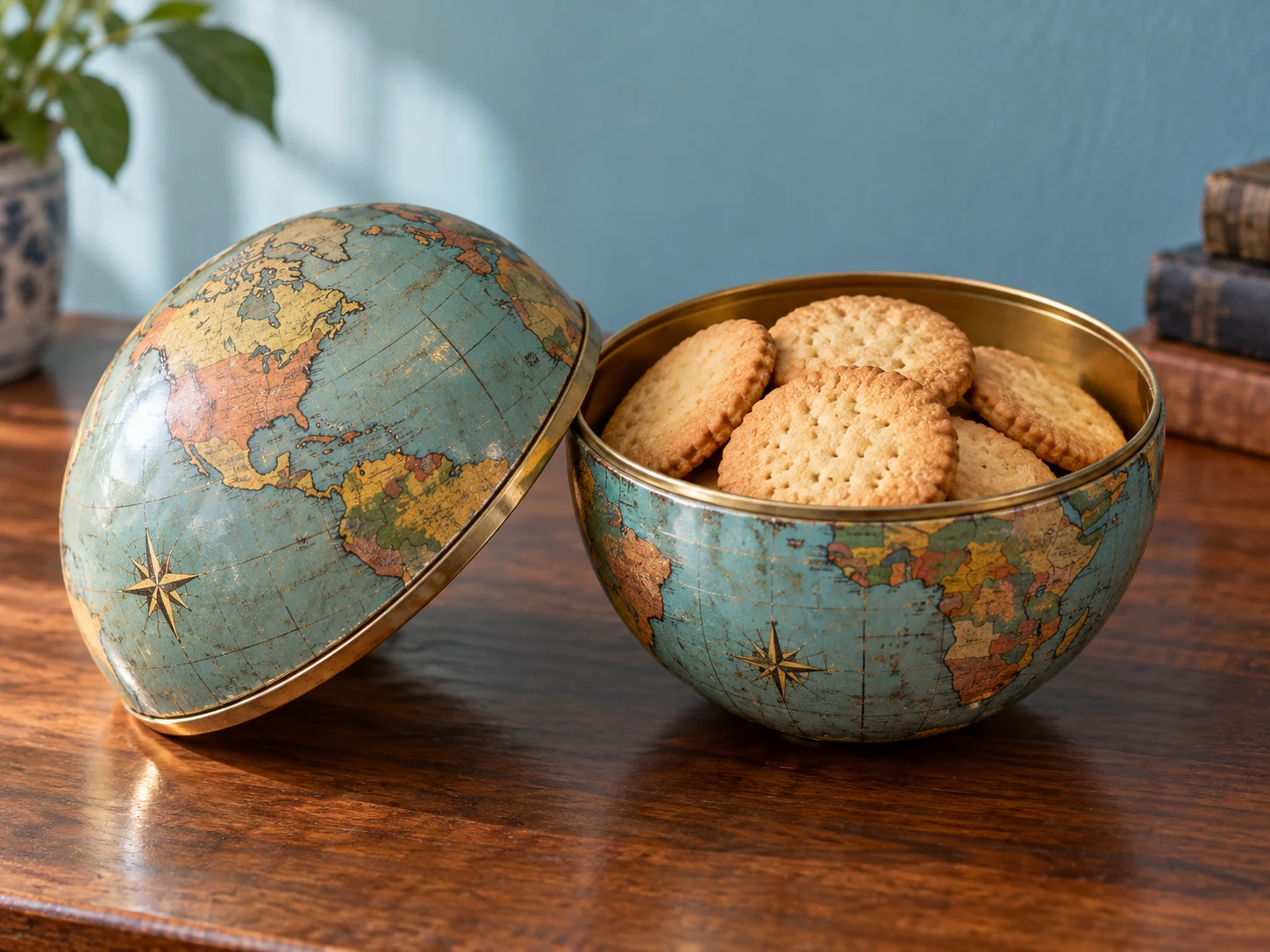 A vintage globe-shaped tin opened into two hemispheres with round biscuits inside