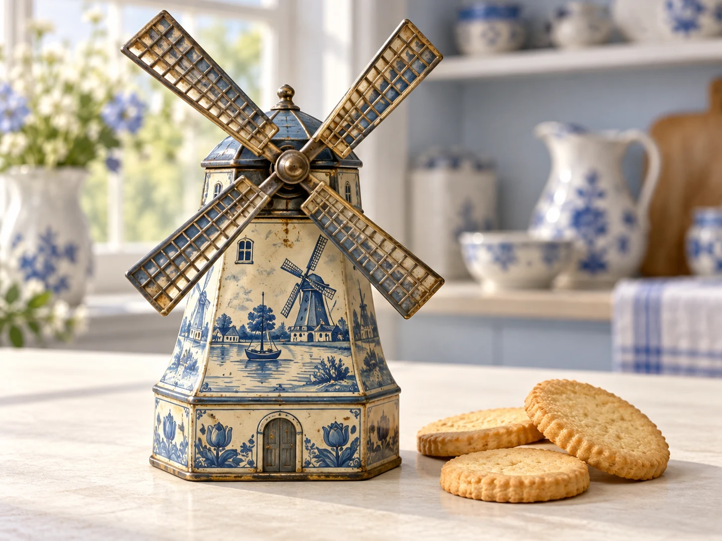 A vintage blue and cream windmill-shaped biscuit tin with four large metal sails