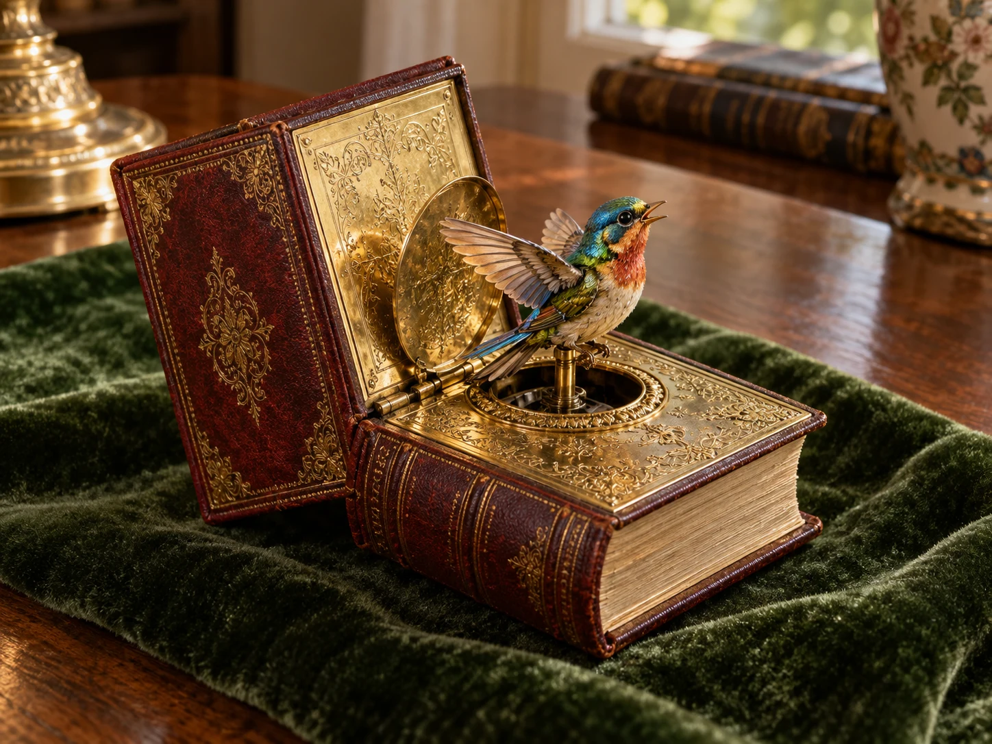 A tiny colorful mechanical bird rising from an ornate book-shaped box