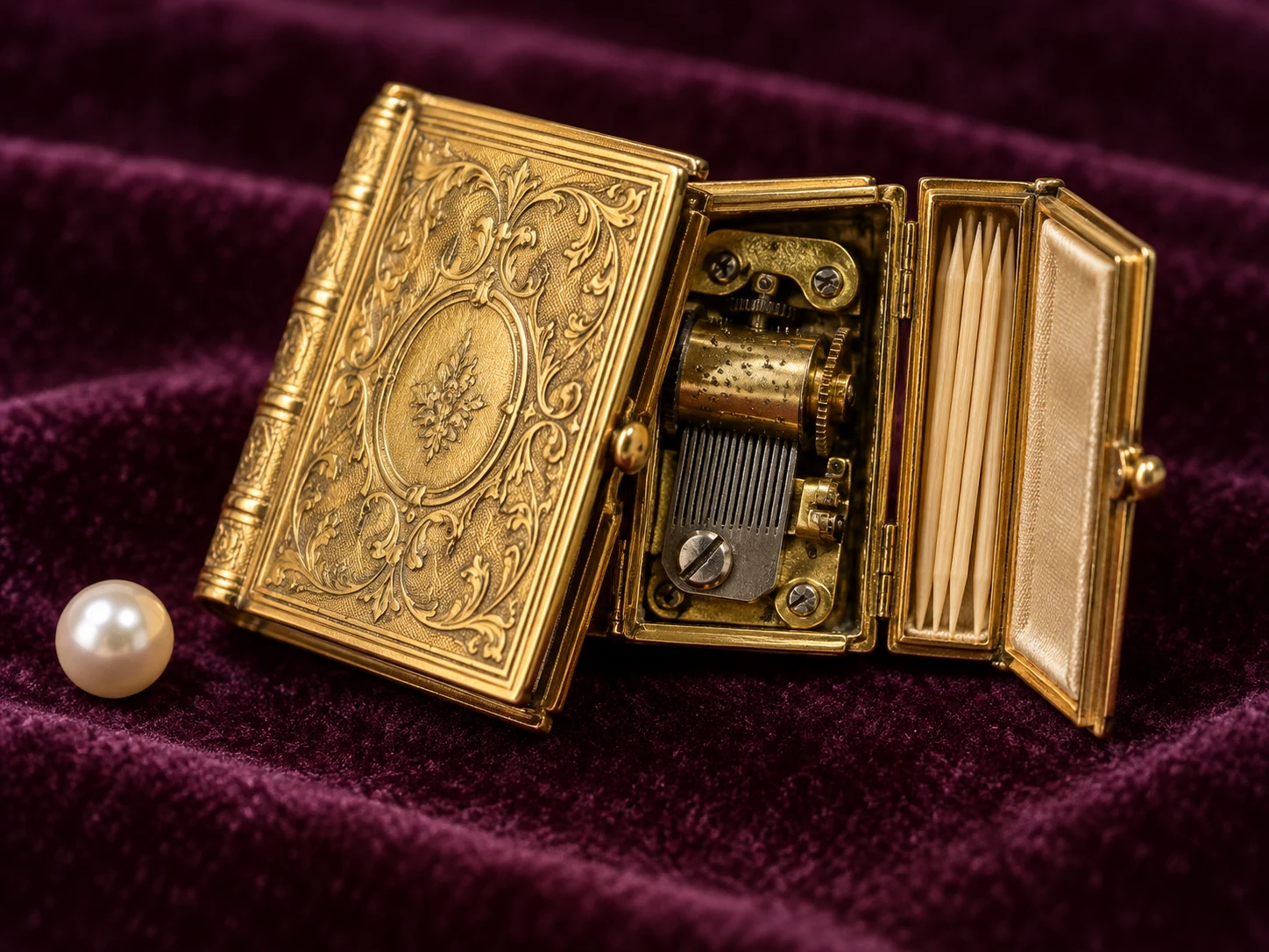 A tiny engraved gold book-shaped case containing a music mechanism and toothpicks