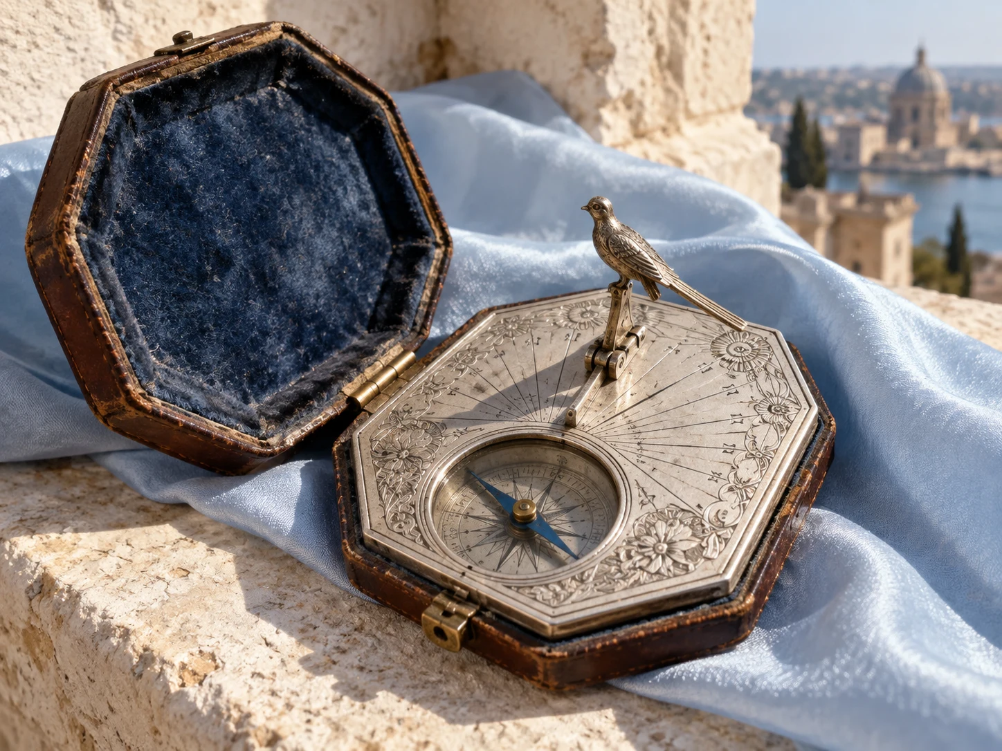 An octagonal silver pocket sundial with a compass and a raised bird-shaped pointer