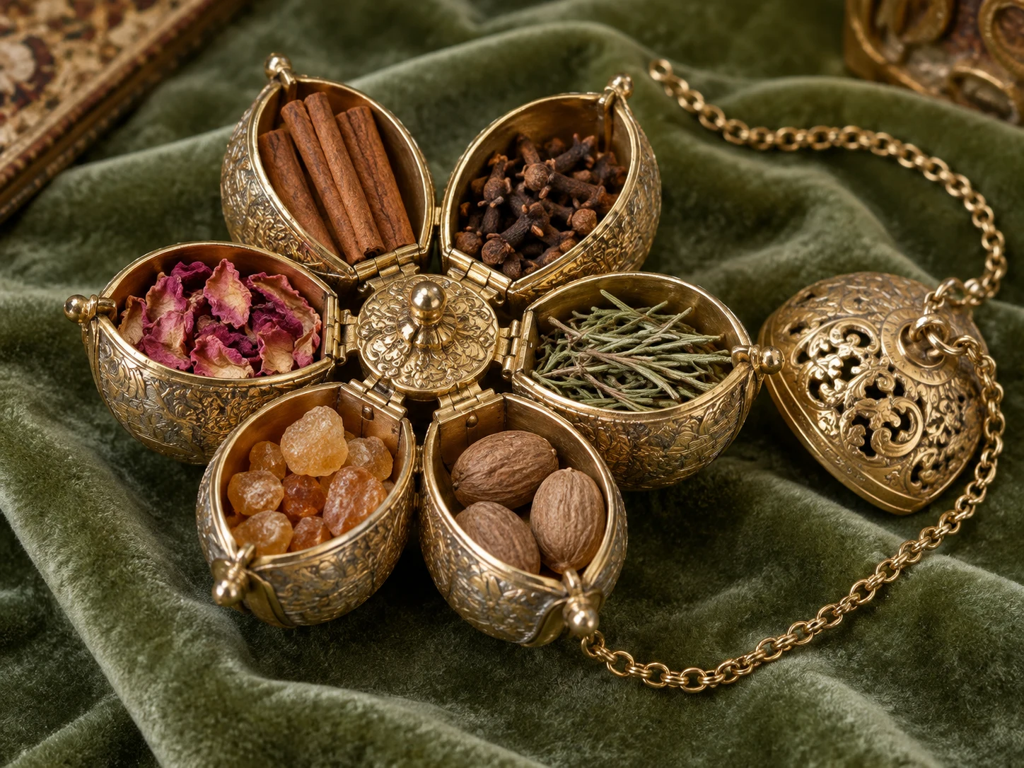 An engraved gold pomander opened into six compartments filled with herbs and spices