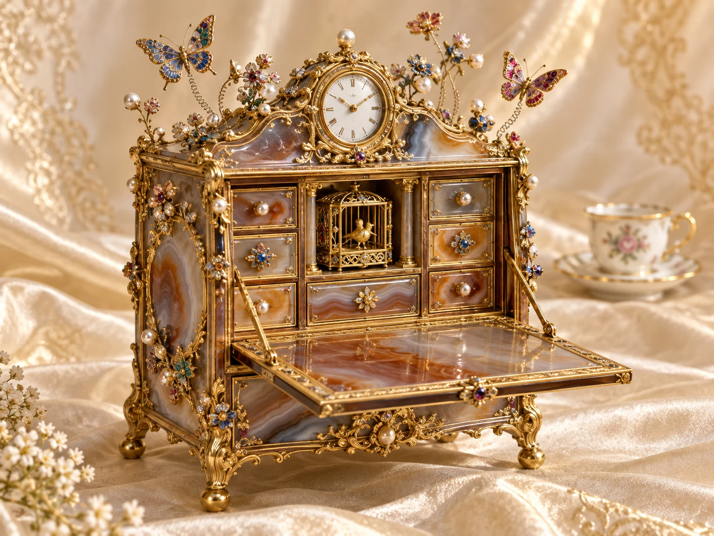 A jeweled miniature cabinet with a clock, tiny bird cage and butterflies on fine springs
