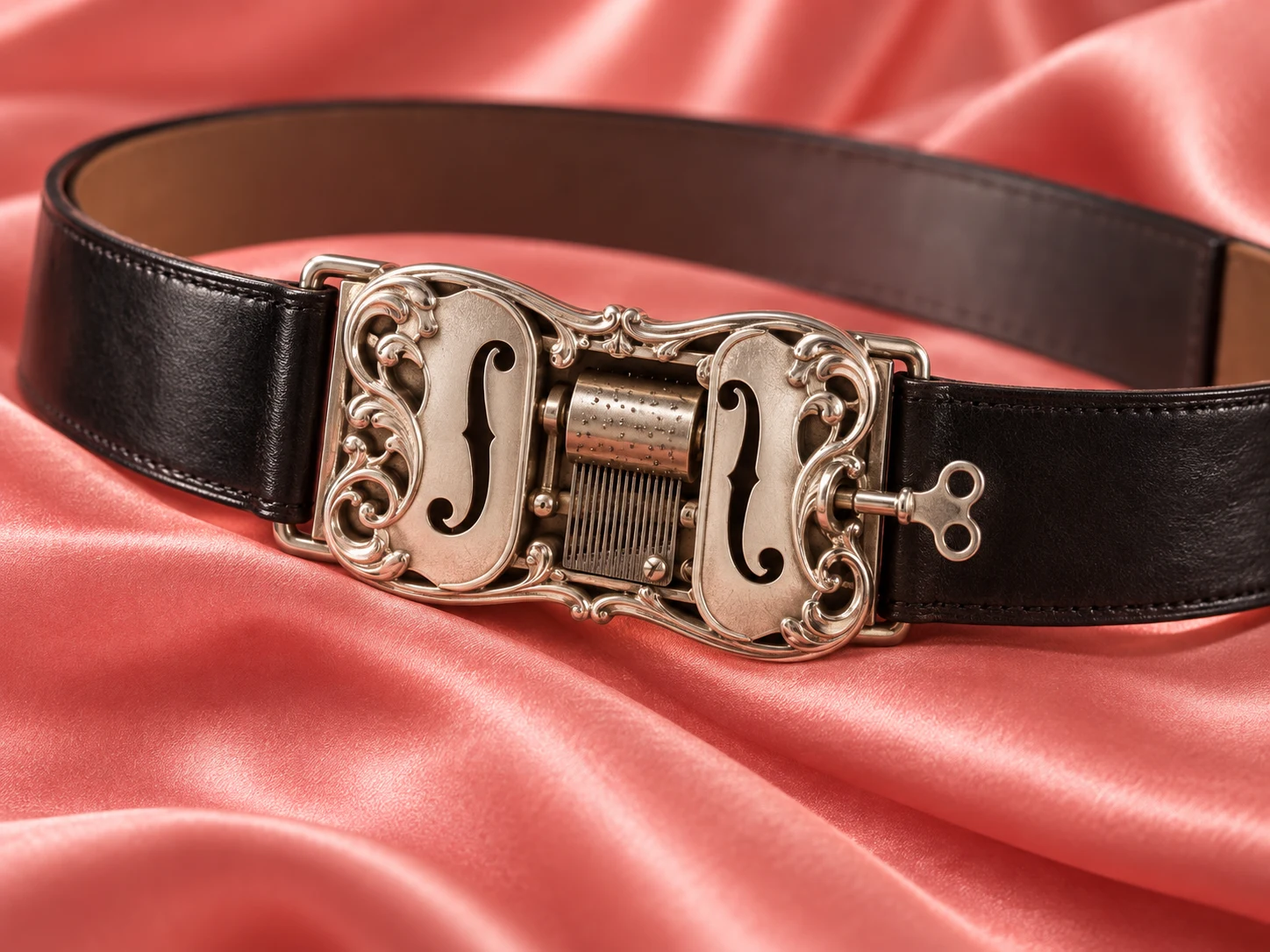 A black leather evening belt with a silver-colored music-box buckle and winding key