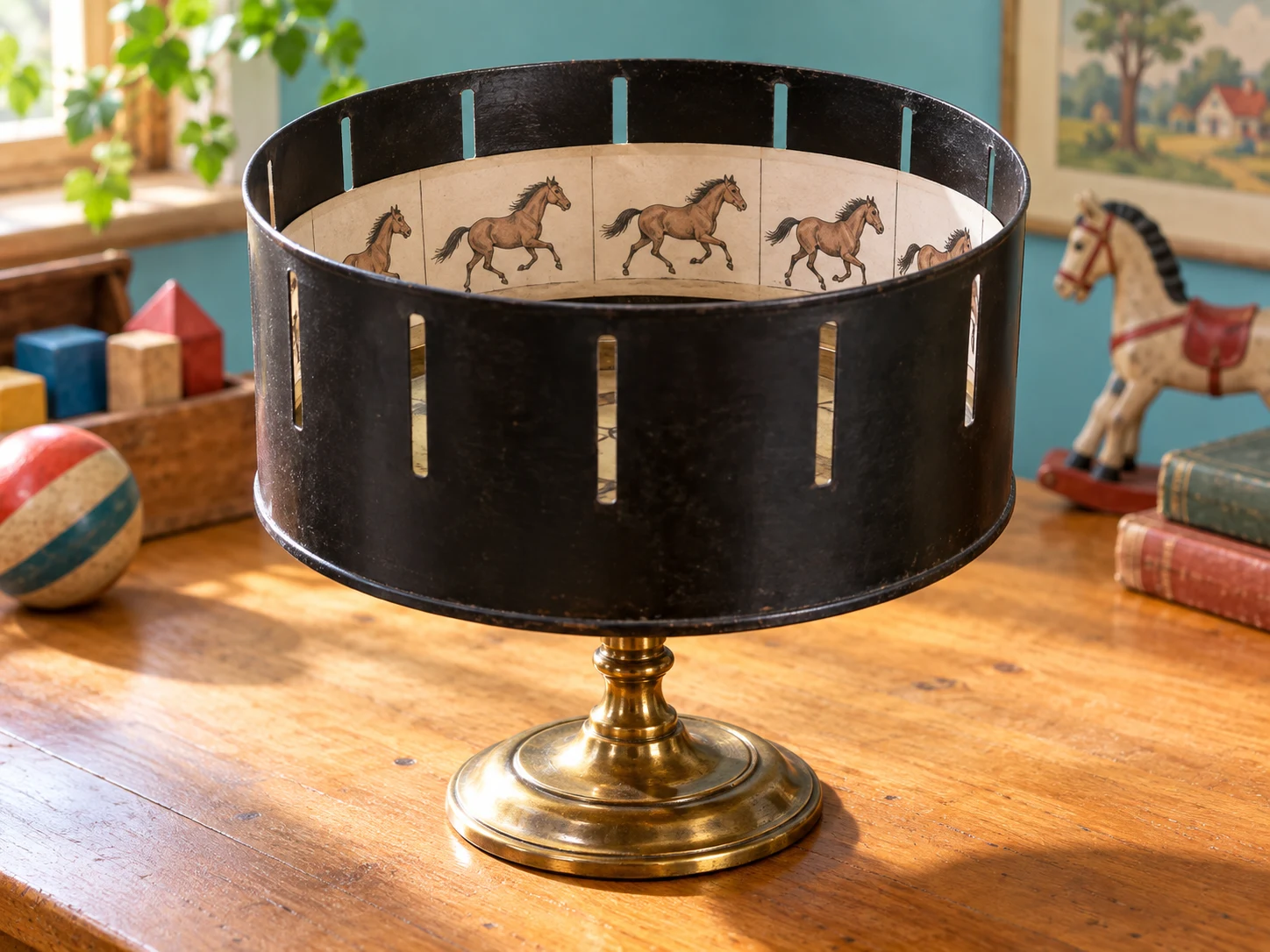 A black slotted zoetrope containing a circular strip of running-horse drawings