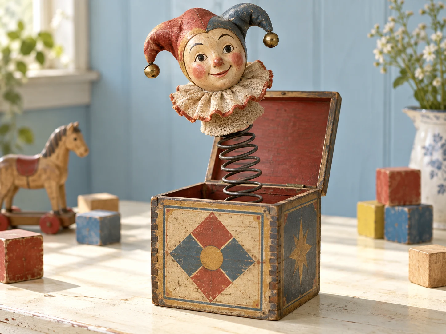 A smiling wooden jester rising on a coiled spring from a painted wooden box