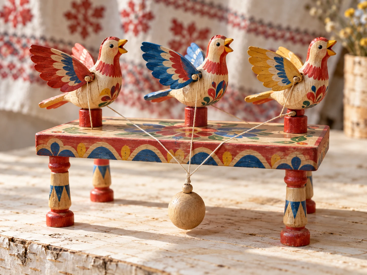 Three painted wooden birds linked by strings to a round wooden weight beneath their base