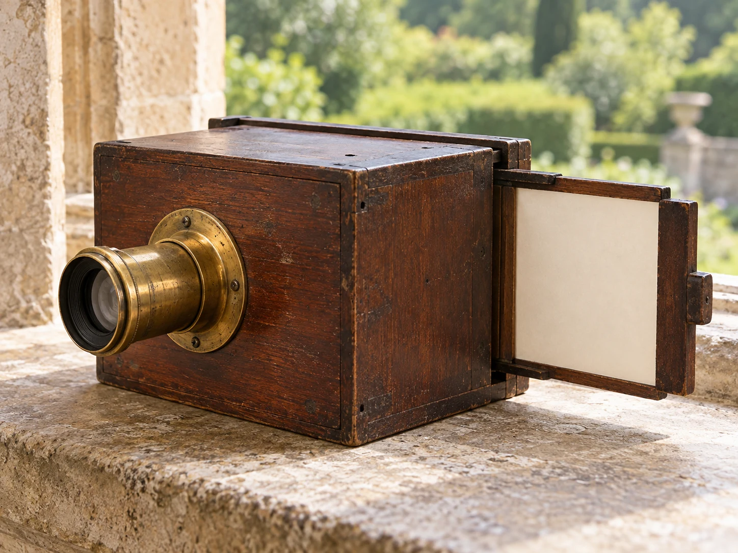 A small wooden box camera with a brass lens and a sliding panel holding blank paper
