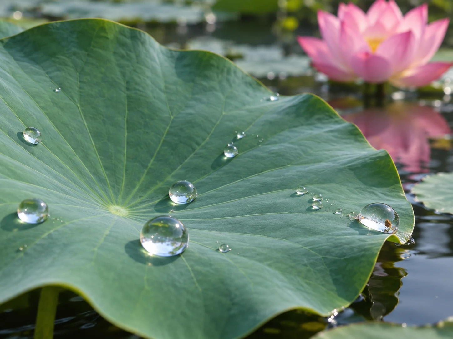 Round water droplets resting on a broad green lotus leaf beside a pink flower